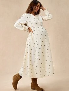 Boho Mama Maternity All-Over Print Pleated Casual Party & Travel Dress - Apricot - View 3