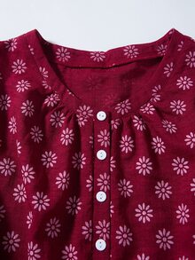 Rusticease Plus Size Button Crew Neck Long Sleeve Pleated Dress - Burgundy - View 5