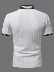Manfinity Homme 韓式休閒男士拉鍊 Polo 衫，直條紋壓紋提花對比飾邊，百搭短袖，適合年輕與中年男性 - 白色 - 查看 2