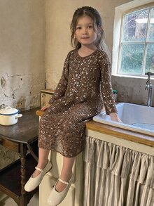 DAZY Young Girl) V-Neck Sequin Casual V-Neck Long Dress - Khaki - View 5