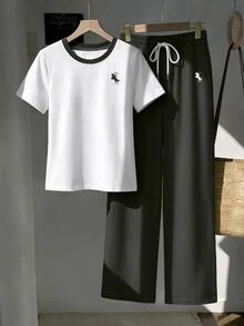 SHEIN EZwear 女款騎士印花圓領短袖T恤與抽繩腰長褲休閒套裝 - 深灰色 - 查看 6