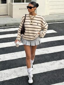 Muchica 95%棉休閒極簡小馬圖案奶油黃與棕色對比條紋圓領長袖寬鬆版型T恤，適合秋冬，街頭風 - 彩色 - 查看 4