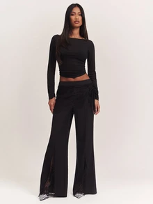SHEIN BAE بنطلون بدلة نسائي بلون موحد للارتداء اليومي العادي - الأسود - مشاهدة 4