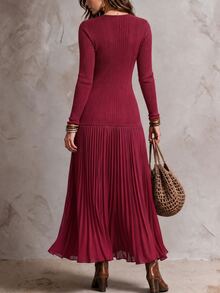 Solivie Women's Navy Blue Pleated Patchwork Long Dress, Suitable For ...