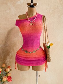 Soleia Women's Gradient Color Asymmetrical Shoulder Casual Daily Knit Dress - Multicolor - View 4
