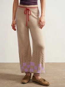 Bohemela Women's Striped Drawstring Waist Wide Leg Loose Casual Tapered Knit Pants - Multicolor - View 2
