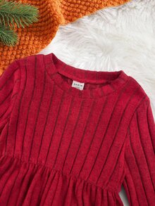 SHEIN 女嬰純色百褶休閒日常夏季洋裝 - 紅色 - 查看 9