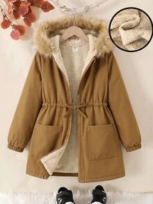 SHEIN Tween女孩寬鬆休閒連帽極簡純色收腰長袖百搭風衣秋季外套 - 棕色 - 查看 4