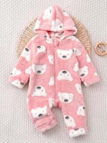 SHEIN 新生兒男嬰/女嬰可愛秋冬休閒白色毛絨卡通熊圖案連帽連身衣居家服 - 淺粉色 - 查看 4