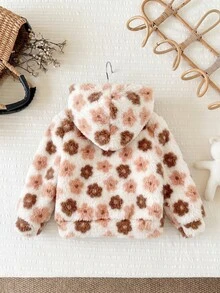 SHEIN 女嬰可愛秋冬百搭毛絨花卉圖案連帽外套 - 卡其色 - 查看 2