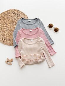 SHEIN 女嬰針織素色圓領休閒T恤上衣3件組，隨機3件，僅含上衣 - 黑色 - 查看 4