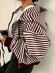 SHEIN x Carly Lawrence INAWLY 女款純色灰色抓絨連帽抽繩衛衣，長袖休閒上衣，秋季返校季畢業季教師衛衣 - 紅色 - 查看 1
