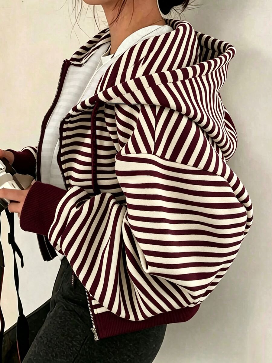 SHEIN x Carly Lawrence INAWLY 女款純色灰色抓絨連帽抽繩衛衣，長袖休閒上衣，秋季返校季畢業季教師衛衣 - 紅色 - 查看 1