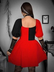 Whyspr Harley Quinn X SHEIN Plus Size Y2K Pom Pom Drawstring Contrast Color Dress - Red - View 2