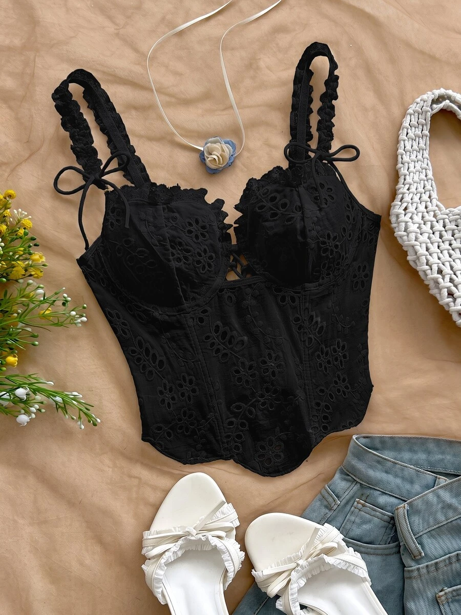 Soleia Women's Hollow Embroidery Front Tie Fashionable Camisole - Black - View 1