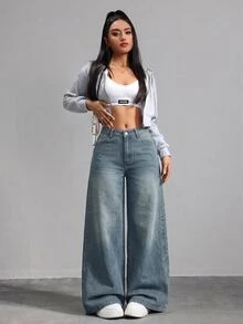 SHEIN Tall CURVE 大尺碼女款口袋寬腿鬆垮休閒百搭牛仔褲 - 中等水洗藍 - 查看 4