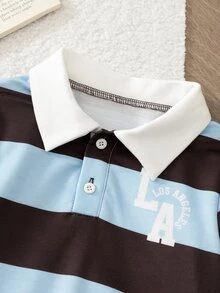SHEIN 男童休閒條紋印花POLO領長袖衛衣，休閒學院風POLO衫，長袖半開襟前襟可愛設計衛衣 - 棕色 - 查看 4
