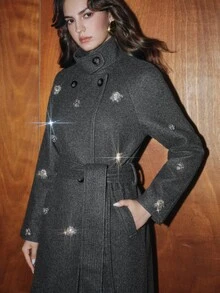 Anewsta Autumn/Winter Luxury French Handmade Rhinestone Embellished Lapel Grey Long Wool Coat For Women - Grey - View 4