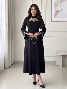 Feyla Women's Rhinestone Decorated Cut-Out Design Long Sleeve Elegant Dress - Black - View 5