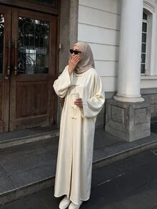 Yasmyna Apricot Long Sleeve Loose Fit Frog Button Design Shoulder-Connected Minimalist Relaxed Casual Commute Date Light Vintage Women's Arabic Abaya - Apricot - View 6
