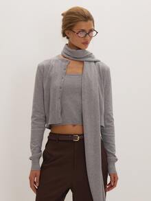 MUSEYN Grey Knit Scarf Detail 3 Pieces Cardigan Versatile Lounge Everyday Date Night Chic New Season Fall - Light Grey - View 1