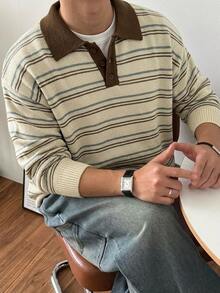 DAZY 男士秋冬卡其底色棕色條紋對比領 Polo 毛衣 - 杏色 - 查看 7