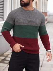 Manfinity Homme 男士對比色極簡圓領長袖毛衣，休閒日常穿搭大地色系男士針織衫，老錢風 - 酒紅色 - 查看 6