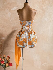 Soleia 女款性感度假無肩帶蕾絲紋理垂墜網紗百褶胸衣迷你洋裝，適合海灘、郵輪、公路旅行、城市度假、約會、下午茶、波希米亞風、島嶼度假、夏季、音樂節、日常通勤、婚禮季、派對、嘉年華 - 橘色 - 查看 3