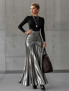 LUMIGAL Women's Luxury Leopard Metallic Colorblock Maxi Dress, Elegant Black Long Sleeve Ruched High Waist Wedding Guest Party Evening Gown For Fall Winter - Multicolor - View 3