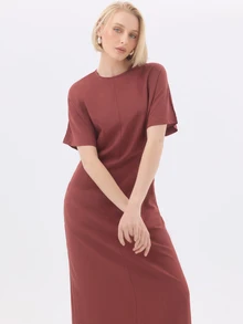 KÆRIA Hus Flutter Sleeve Column Maxi Dress - Fluid Drape - Rust Red - Day To Night, Minimalist, Modern, Draped - Redwood - View 2
