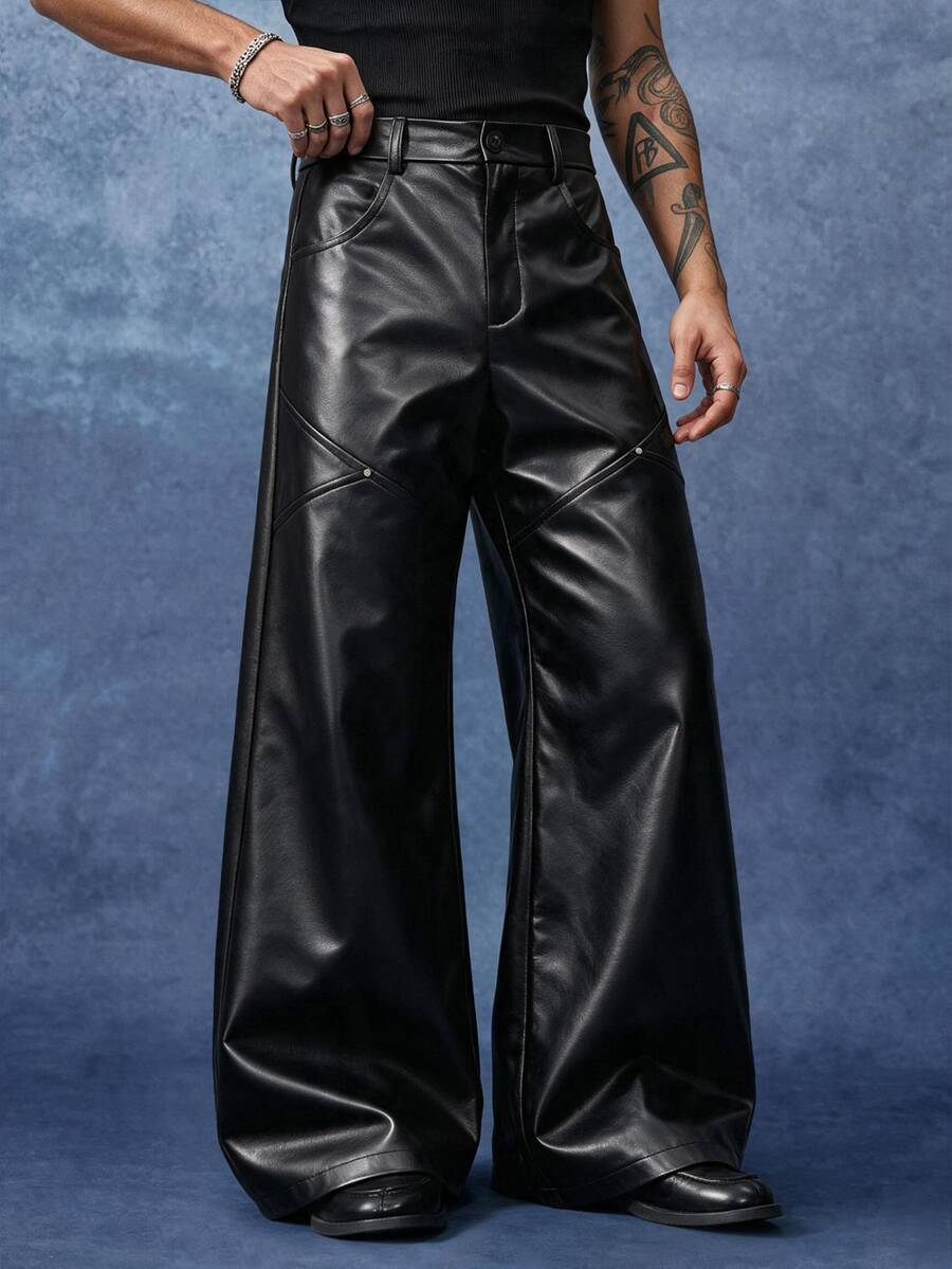 PAVTROS Men's Black PU Leather Pants, Fashion Versatile Leather Pants, Loose Casual Pants, Design Rivet Elements - Black - View 1