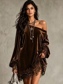 LUMIGAL Dyed Asymmetrical Shoulder Lace Long Sleeve Velvet Dress For Women - Coffee - View 1