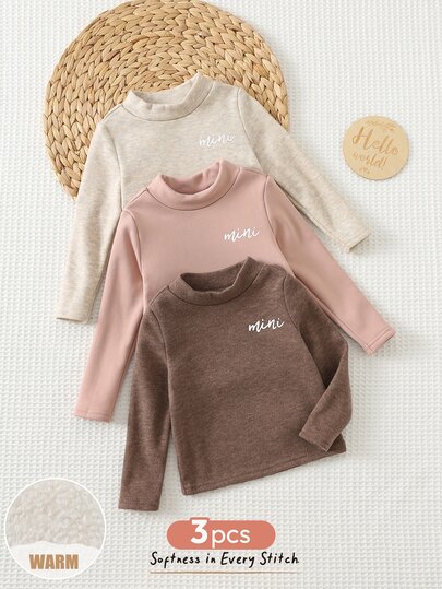 Cozy Pixies 3pcs Baby Girl Baby Girl Casual Daily Comfortable High Neck Fleece Lined Pullover Long Sleeve Knit Tops Multi-Pack 3 Colors 1 Each 3 Pieces Set