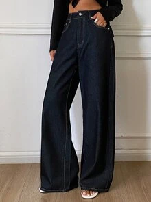 DAZY Women's High Waist Pocket Wide Leg Loose Casual Versatile Jeans - Blue - View 3