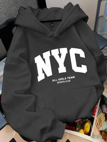 SHEIN MOOSTA 大尺碼女款「NYC ALL GIRLS TEAM SPORTS CLUB」城市名稱字母標語圖案印花抽繩保暖衛衣，適合秋冬冬季 - 深灰色 - 查看 3