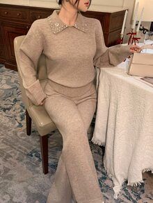 DAZY Women's Knit Collar Long Sleeve Top And Pants Casual Daily 2 Pieces Set - Khaki - View 2