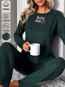 SHEIN Women Rooted In Him Floral Slogan Crew Neck Long Sleeve Soft Ribbed Top And Matching Pants Casual Relaxed Fit 2 Pieces Pajama Set - Dark Green - View 7
