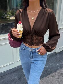 Serisse 女款V領蕾絲拼接休閒日常穿著襯衫 - 棕色 - 查看 7
