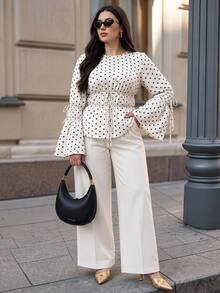 Easura Plus Size Casual Black & White Polka Dot Cinched Waist Long Sleeve Bell Sleeve Blouse - Apricot - View 11
