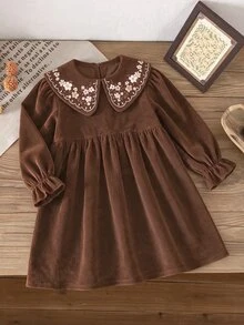 SHEIN 女童秋冬休閒度假優雅復古純色長袖修身寬鬆洋裝 棕色 - 咖啡棕 - 查看 9