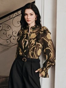 Anewsta Modern Vintage Style Long Sleeve Blouse With Ruffle Collar Design For Women - Black - View 7