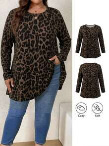 Firerie Vintage Leopard Print Casual Minimalist Round Neck Plus Size T-Shirt (Autumn/Winter) - Multicolor - View 8