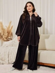 Lacomfia Women's Velvet Loose Elegant Versatile Autumn/Winter Coffee Color Plus Size 2 Pieces Set - Coffee Brown - View 4