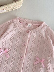 Vintaside Kids 2件組幼女針織開襟衫與喇叭牛仔褲套裝，可愛粉藍配色，麻花編織蝴蝶結蕾絲飾邊，長袖圓領，生日派對秋季假期公主風舒適款 - 粉色 - 查看 7
