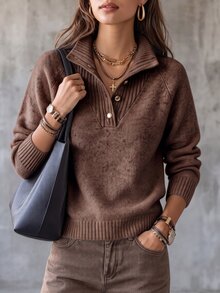 SHEIN Women's Autumn/Winter Soft Semi-High Neck 5-Button Knit Sweater, Raglan Sleeve Loose Slouchy Short Pullover Knit Top, Versatile Daily Commute Inner Layer - Coffee Brown - View 3