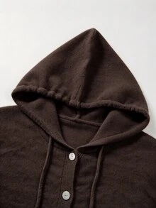 SHEIN Women Drawstring Hooded Knit Cardigan, Autumn Button Front Casual Sweater - Coffee Brown - View 8