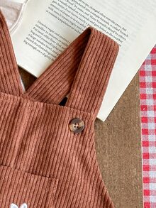 SHEIN 女嬰愛心刺繡燈芯絨吊帶褲套裝，嬰兒荷葉袖長袖T恤2件套，純色羅紋上衣百搭甜美2件套，秋季新品 - 棕色 - 查看 6