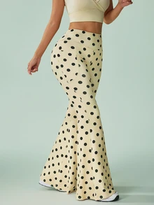 Sovereign Charm Women's Polka Dot Print Flare Leg Sports Pants With Pockets - Light Yellow - View 5