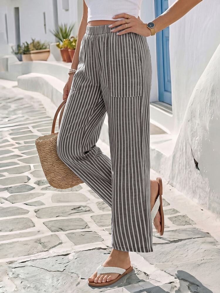 SHEIN LUNE Elastic Waist Blue And White Stripe Striped Stripe Casual Hawaiian Pants Beach Autumn - Coffee Brown - View 5