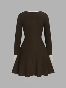 Selianne Colorblock Round Neck Ribbed Knit Dress, Off-White Collar And Cuff Patchwork, Elastic Slim Fit Waist A-Line Long Sleeve Dress For Women - Brown - View 8